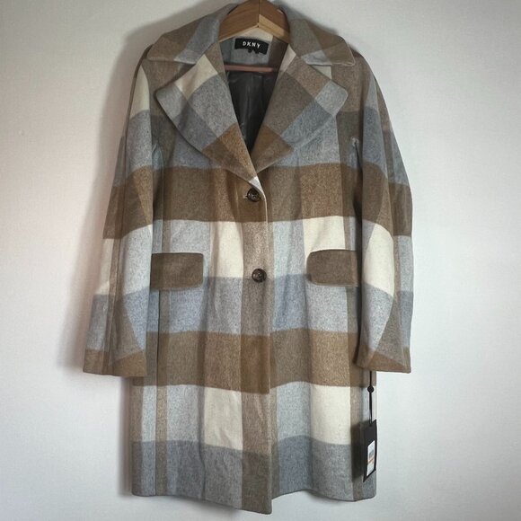 DKNY Checked Wool Blend Women Felt Coat Size Small NWT Plaid Winter Warm Preppy - Picture 1 of 11